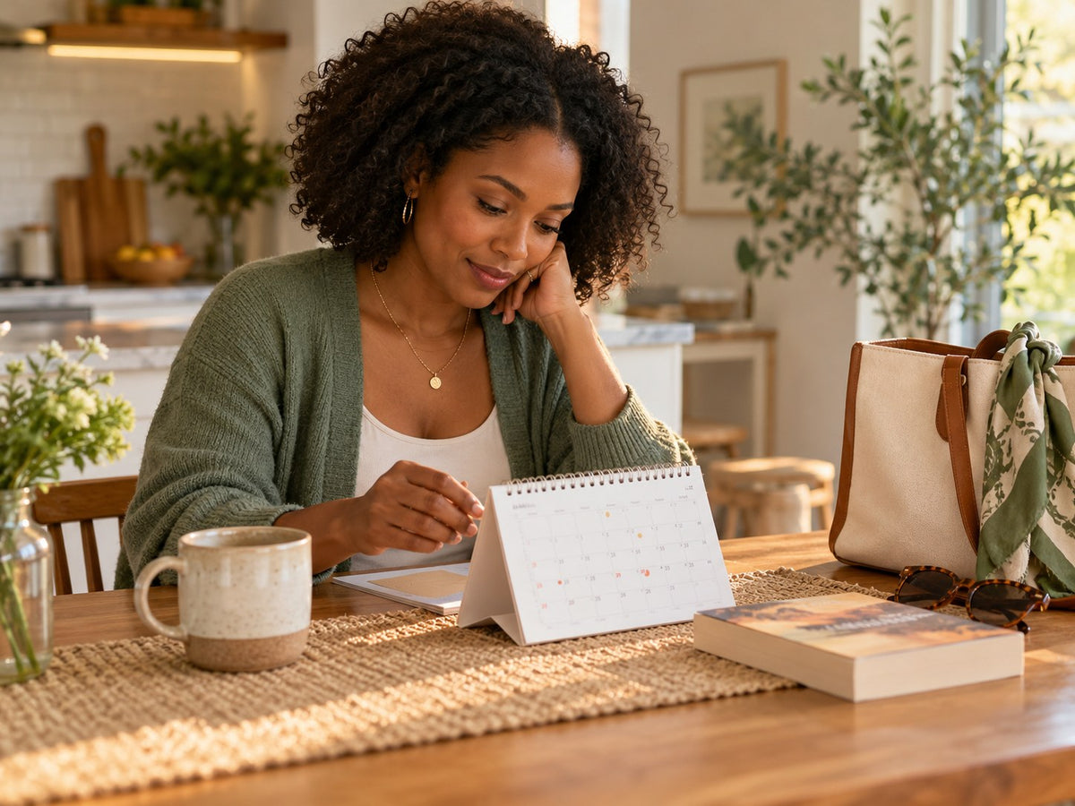 Mother placing a personal outing in her paper calendar at the kitchen table.