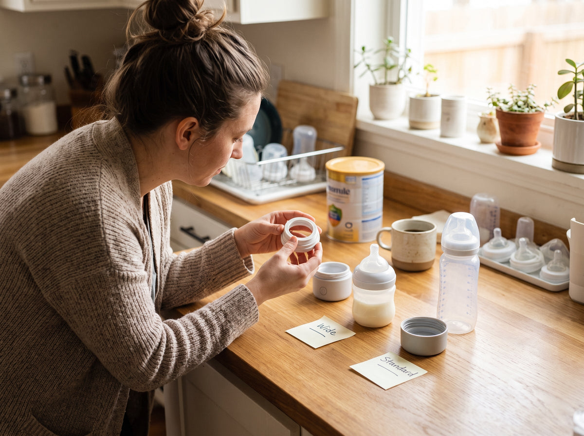 Parent comparing a portable milk warmer with its removable parts.